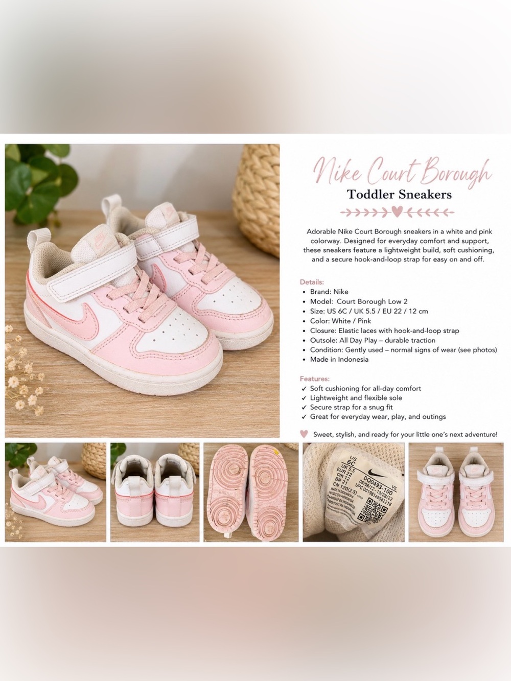 Nike Court Borough Low 2 Toddler Sneakers – Pink & White – Size 6C